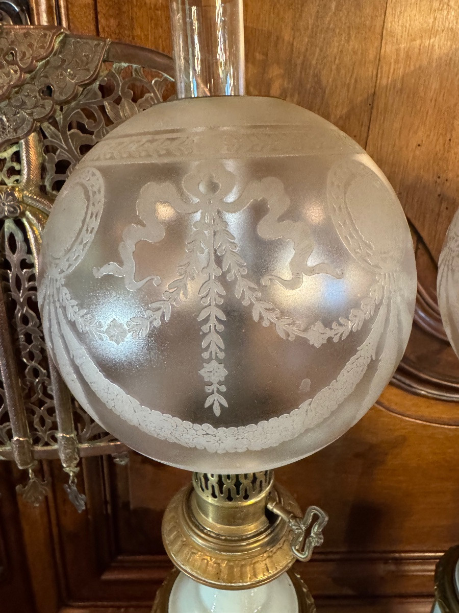 Grande paire de lampes à pétrole Vert céladon Napoléon III -photo-7