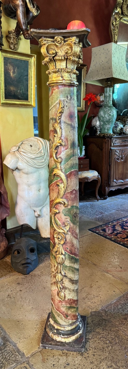Large 18th Century Baroque Column, Painted In Faux Marble And Gilded Wood -photo-2