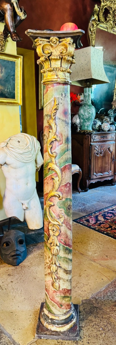 Large 18th Century Baroque Column, Painted In Faux Marble And Gilded Wood -photo-3