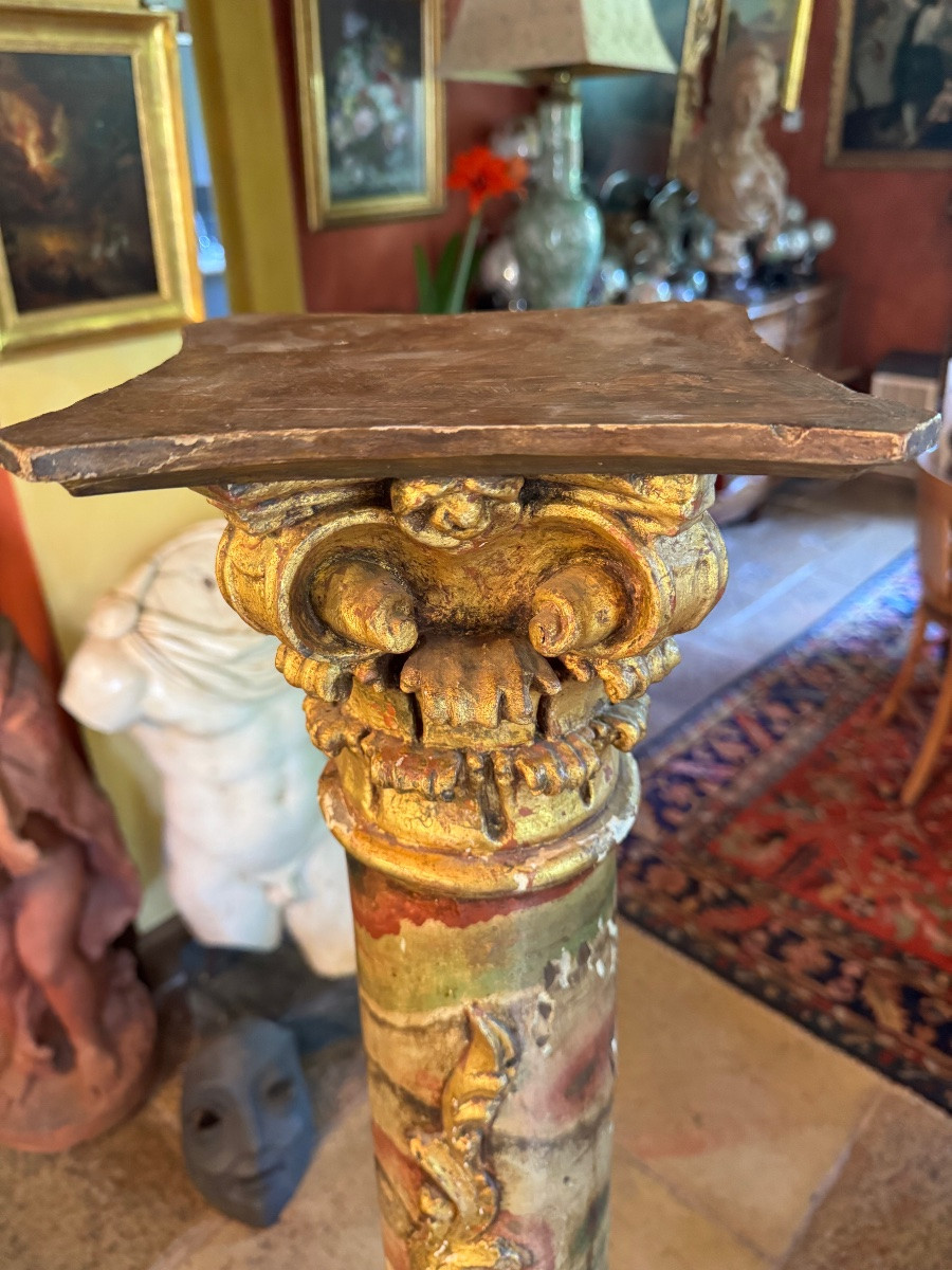 Large 18th Century Baroque Column, Painted In Faux Marble And Gilded Wood -photo-1