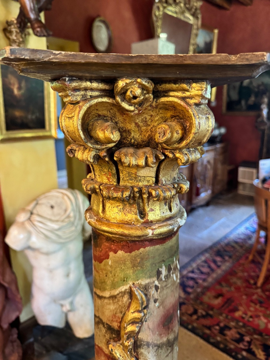 Large 18th Century Baroque Column, Painted In Faux Marble And Gilded Wood -photo-2