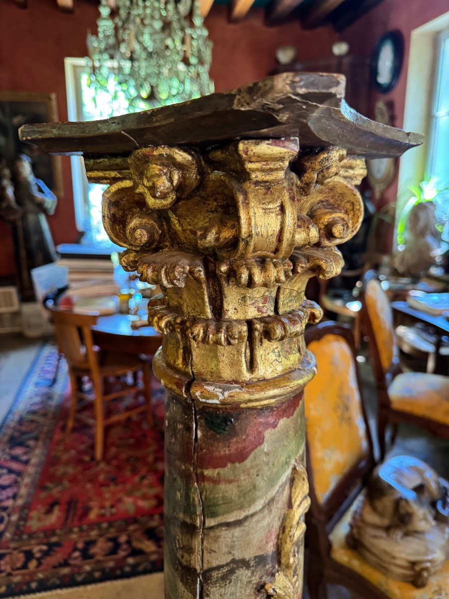 Large 18th Century Baroque Column, Painted In Faux Marble And Gilded Wood -photo-3
