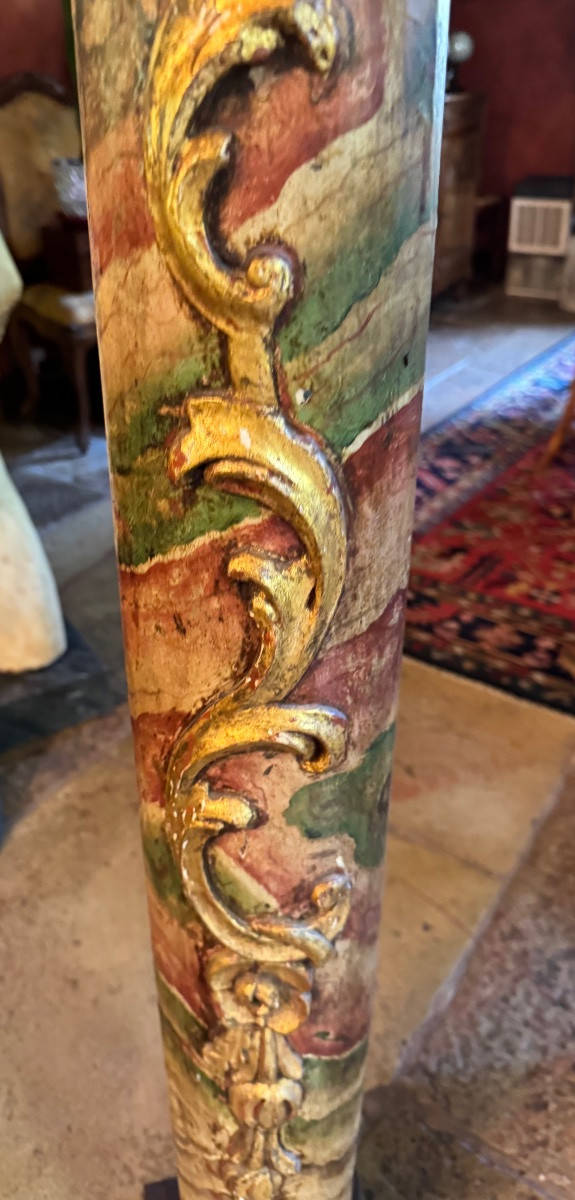 Large 18th Century Baroque Column, Painted In Faux Marble And Gilded Wood -photo-5