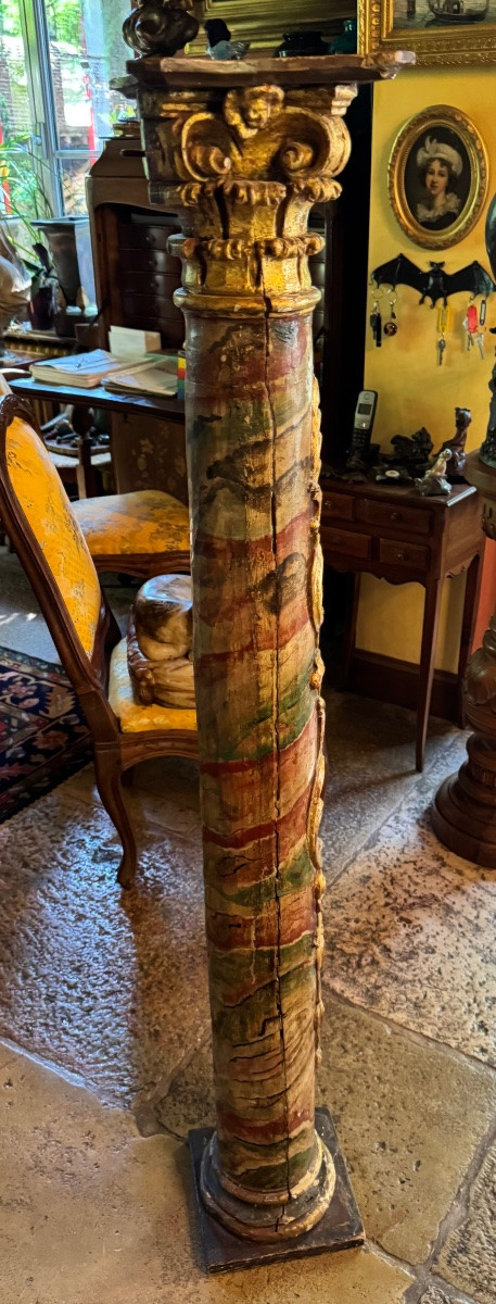 Large 18th Century Baroque Column, Painted In Faux Marble And Gilded Wood -photo-6