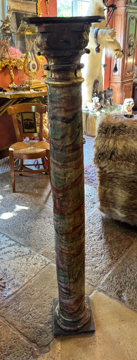 Large 18th Century Baroque Column, Painted In Faux Marble And Gilded Wood -photo-7
