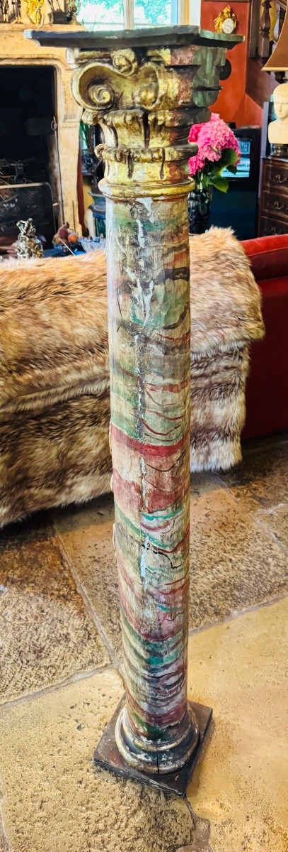 Large 18th Century Baroque Column, Painted In Faux Marble And Gilded Wood -photo-8