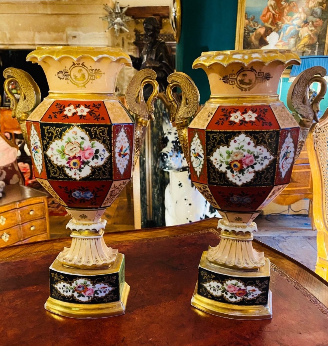 Pair Of Colored Vases Attributed To Jacob Petit, 19th Century 