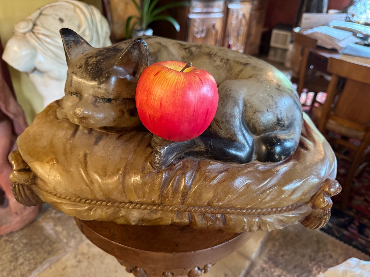 Chat endormi sur un coussin, sculpture en albâtre taille réelle d’époque Napoléon III -photo-4