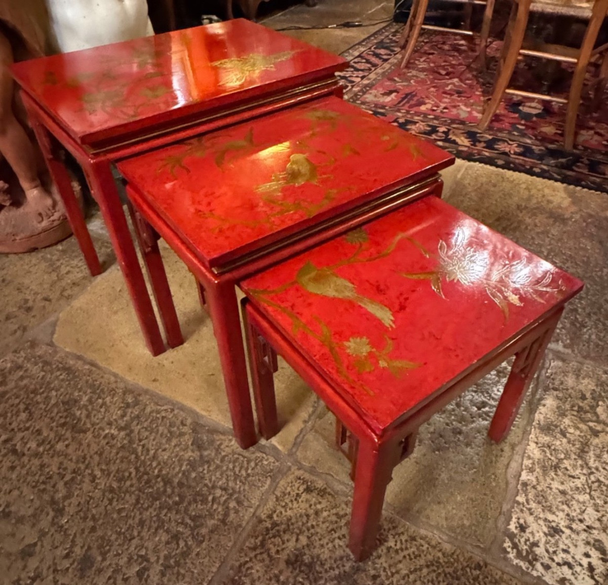 Set Of Three Red And Gold Lacquer Nesting Tables, China, Mid-20th Century
