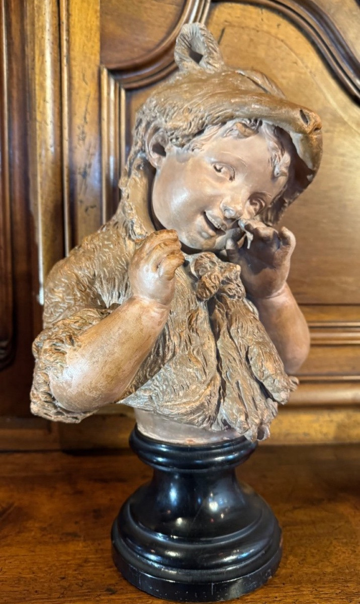 Terracotta Bust: Little Girl Wearing A Fox Skin, Inspired By 19th Century Tales-photo-2
