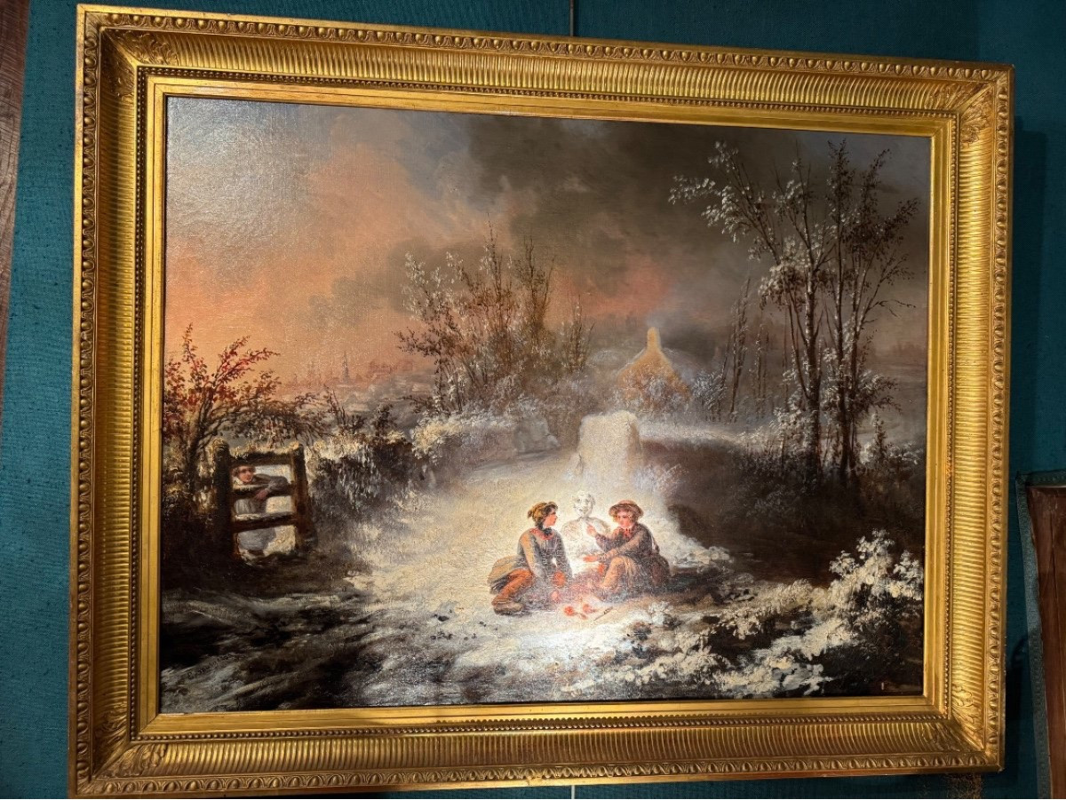Children's Games In The Snow, 19th Century Oil On Canvas-photo-2