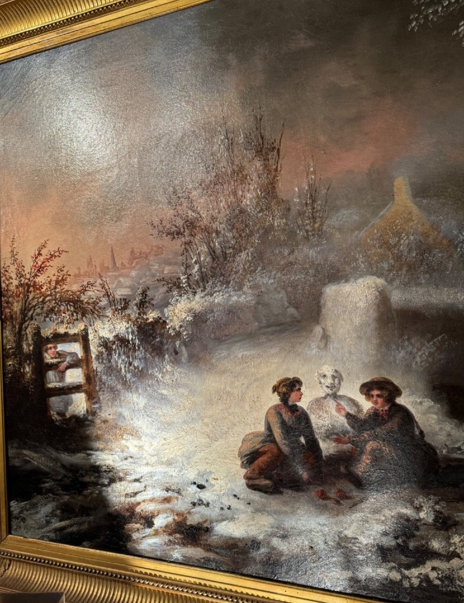 Children's Games In The Snow, 19th Century Oil On Canvas-photo-1