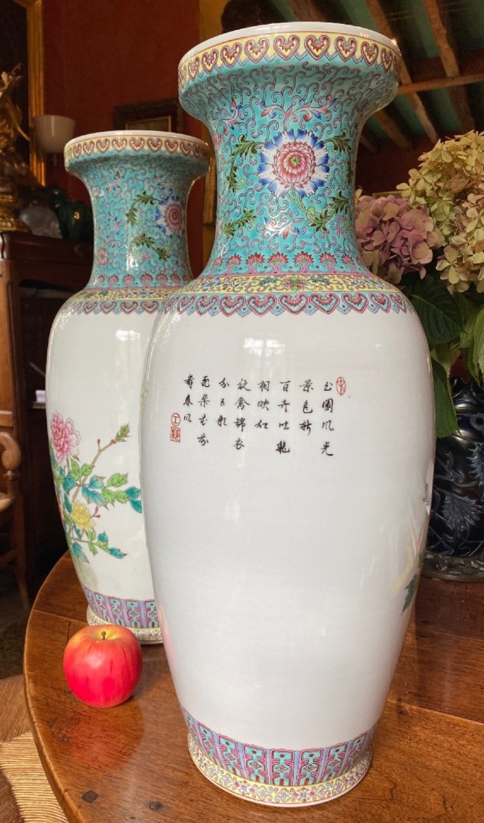Grande Paire De Vases En Porcelaine De Chine, Famille Rose, XX Eme Siècle-photo-5