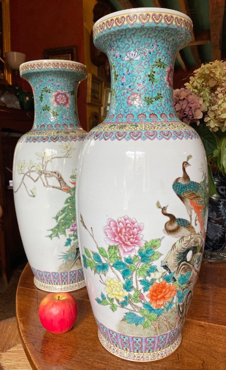 Grande Paire De Vases En Porcelaine De Chine, Famille Rose, XX Eme Siècle-photo-6