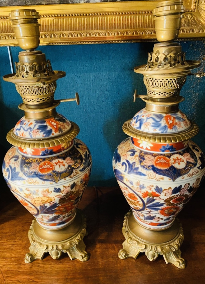 Paire De Vases Couverts En Imari Montés En Lampes Napoléon III-photo-5