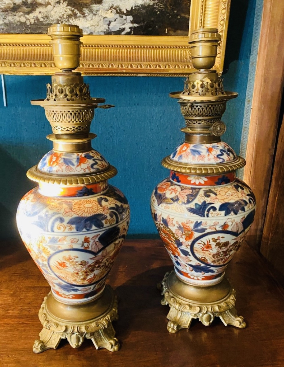 Paire De Vases Couverts En Imari Montés En Lampes Napoléon III-photo-7
