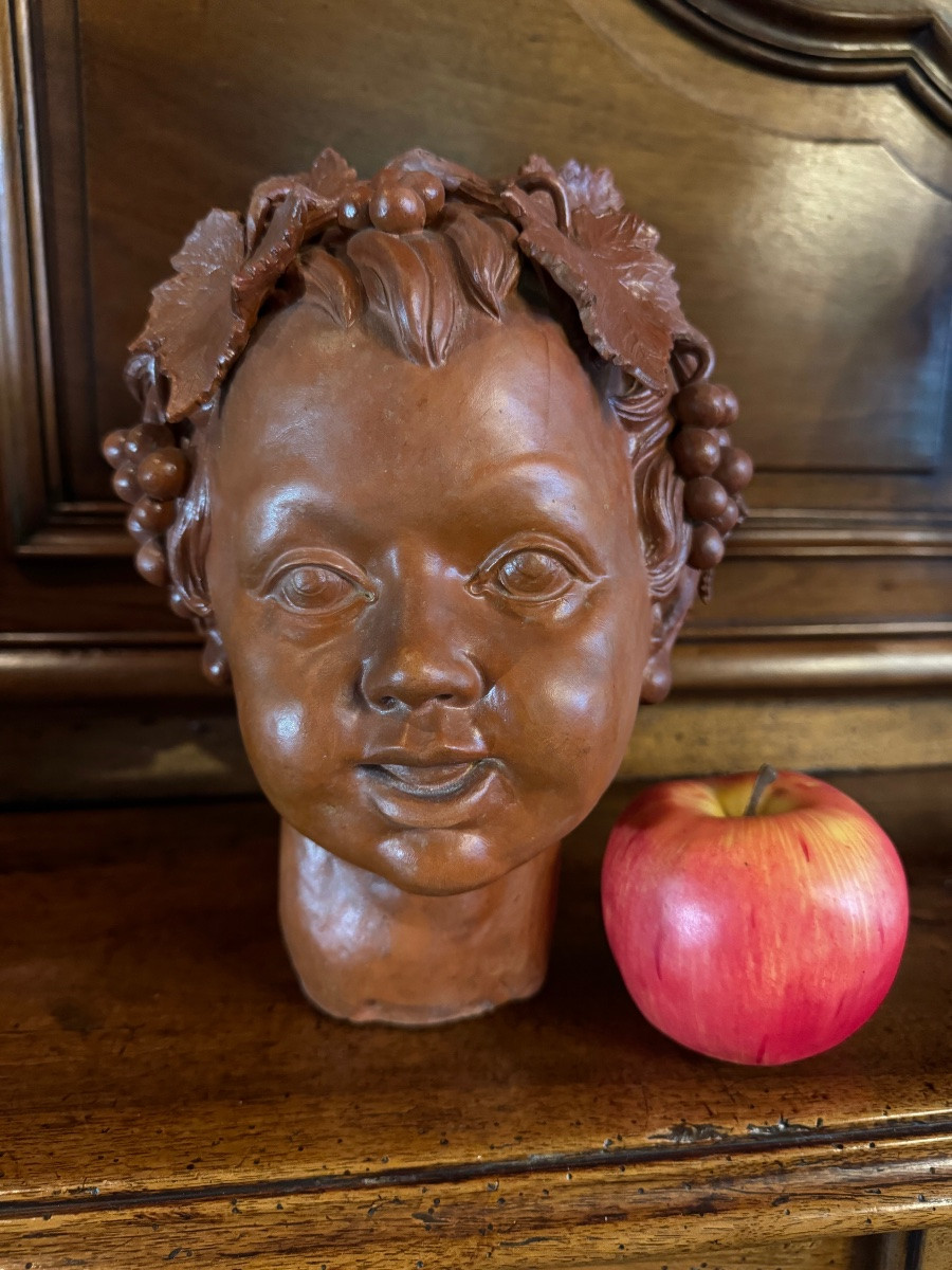 Tête De Bacchus Enfant En Terre Cuite XX Eme Siècle-photo-1