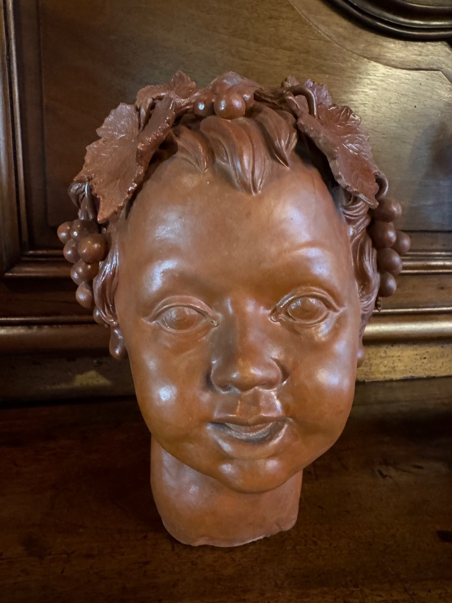 Tête De Bacchus Enfant En Terre Cuite XX Eme Siècle-photo-2