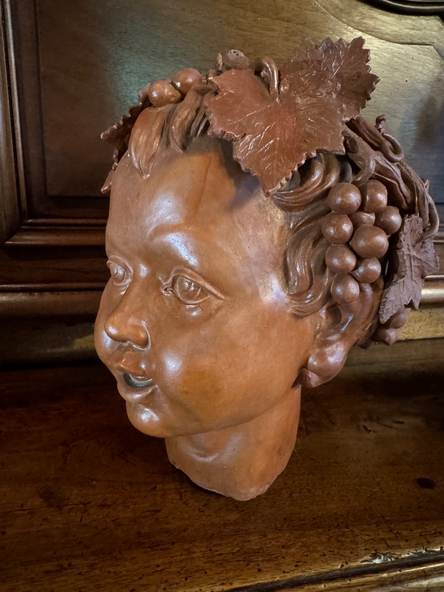 Tête De Bacchus Enfant En Terre Cuite XX Eme Siècle-photo-3