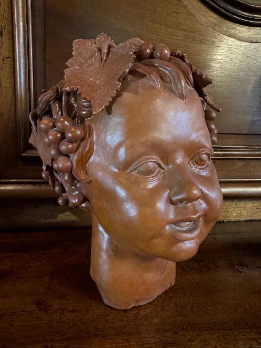 Tête De Bacchus Enfant En Terre Cuite XX Eme Siècle-photo-4