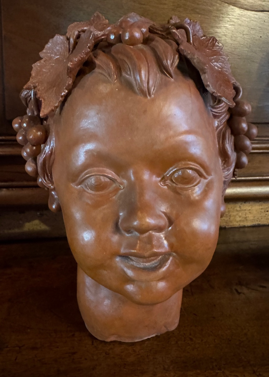 Tête De Bacchus Enfant En Terre Cuite XX Eme Siècle