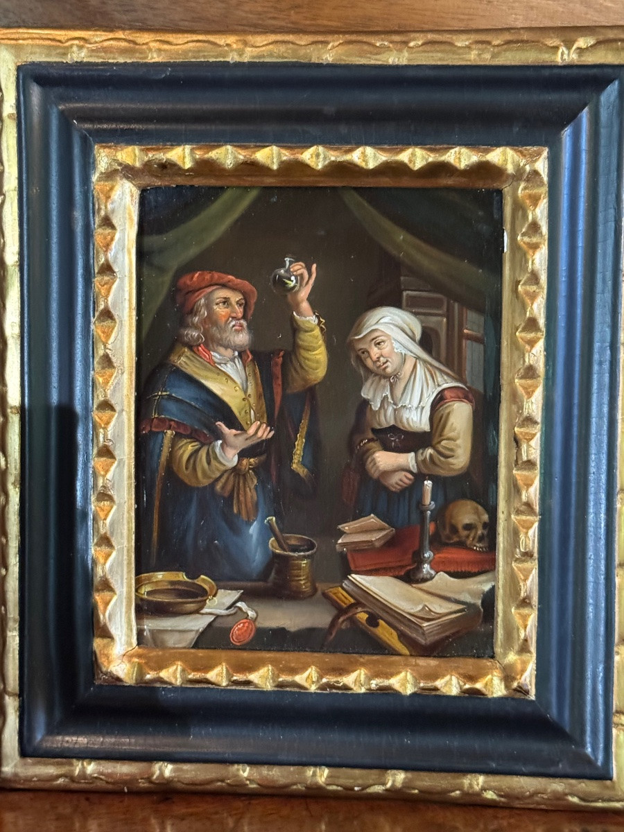 La visite chez le médecin, huile sur cuivre du XIXe siècle-photo-3