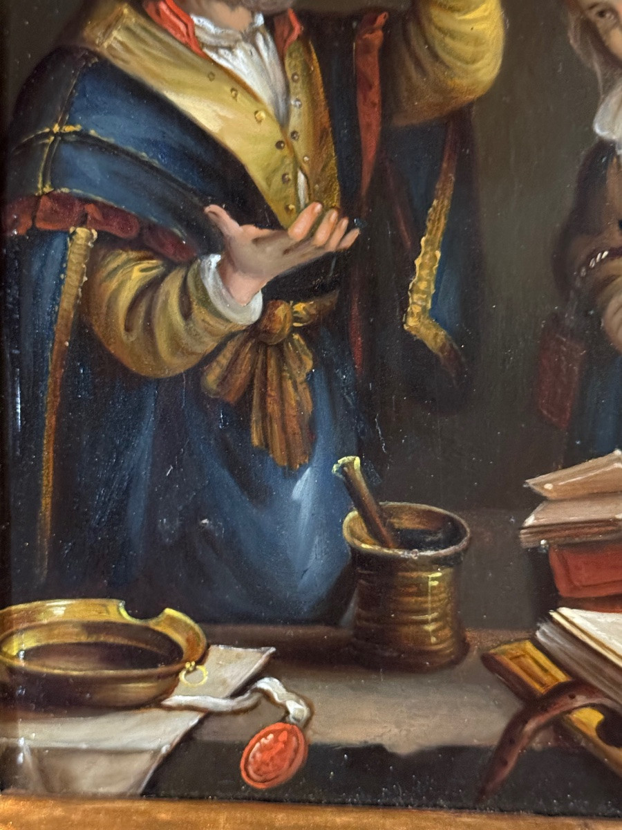 La visite chez le médecin, huile sur cuivre du XIXe siècle-photo-2