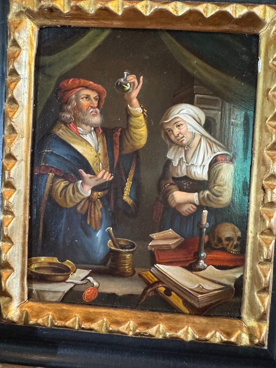 La visite chez le médecin, huile sur cuivre du XIXe siècle-photo-7