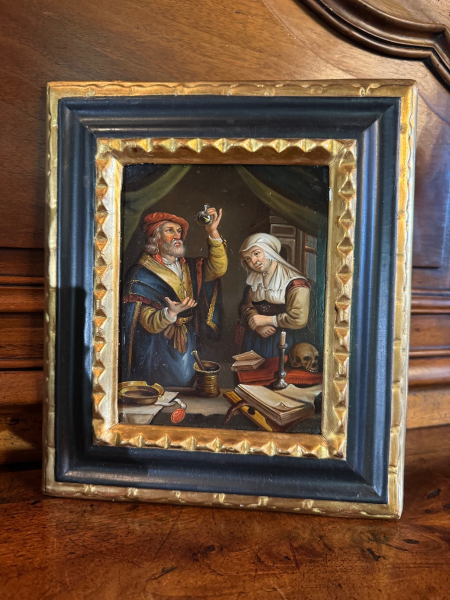 La visite chez le médecin, huile sur cuivre du XIXe siècle-photo-8