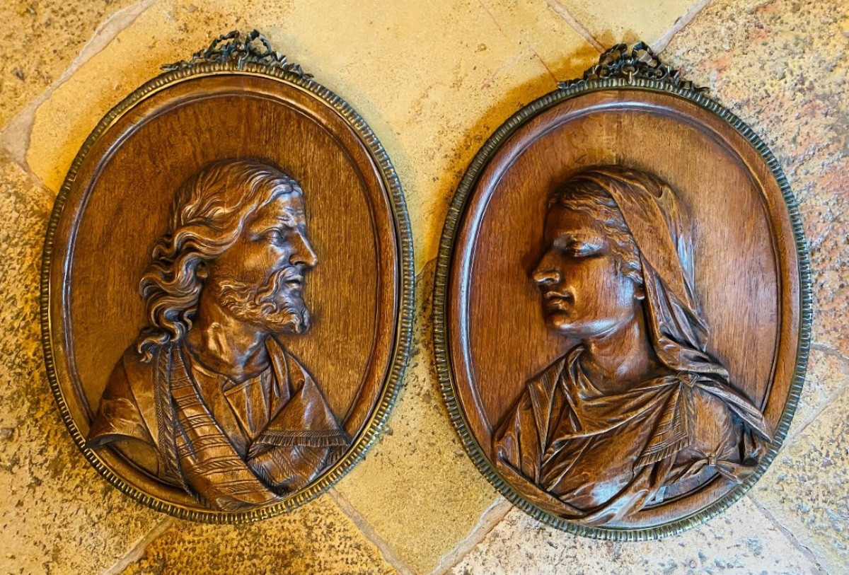 Spectaculaire Paire De Panneaux Sculptés En Haut Relief : Jésus Et La Vierge Marie, Fin Du XIXe-photo-6