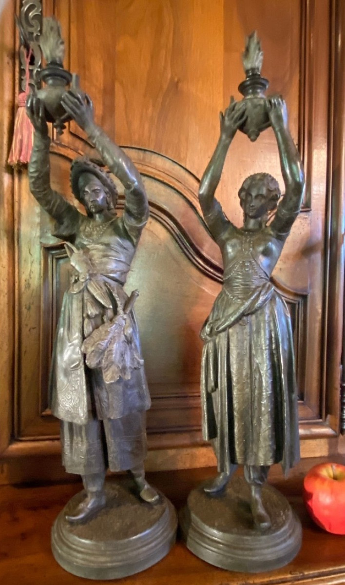 Turquerie, Pair Of Turkish Torchbearers In Regulus From The Napoleon III Period