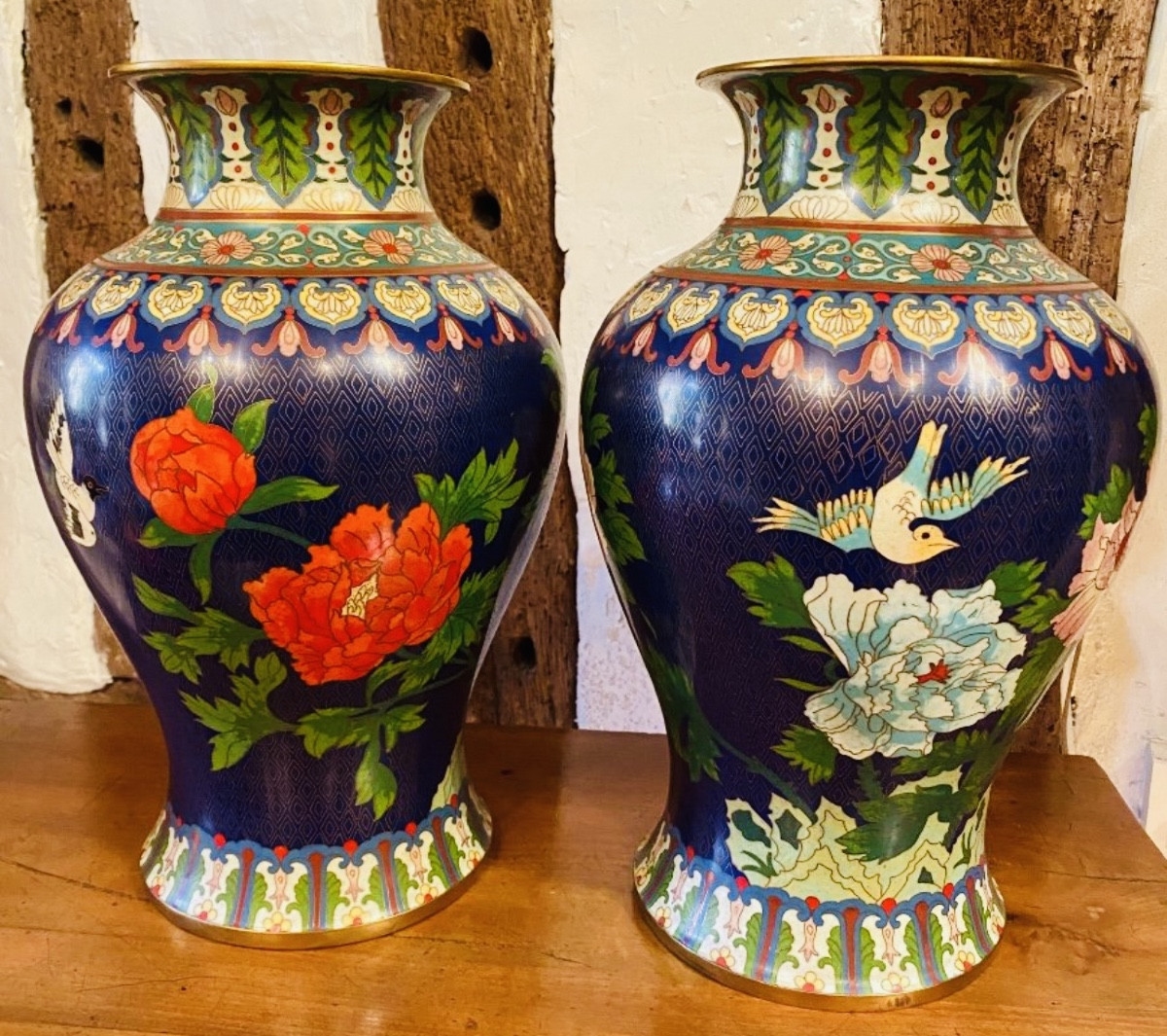 Important Pair Of Cloisonné Peony Vases, China, Early 20th Century