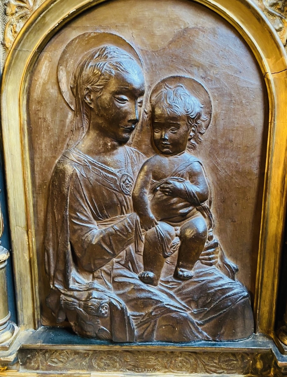 Important Bas Relief En Terre Cuite, Vierge à L’enfant D’après Rossellino-photo-3