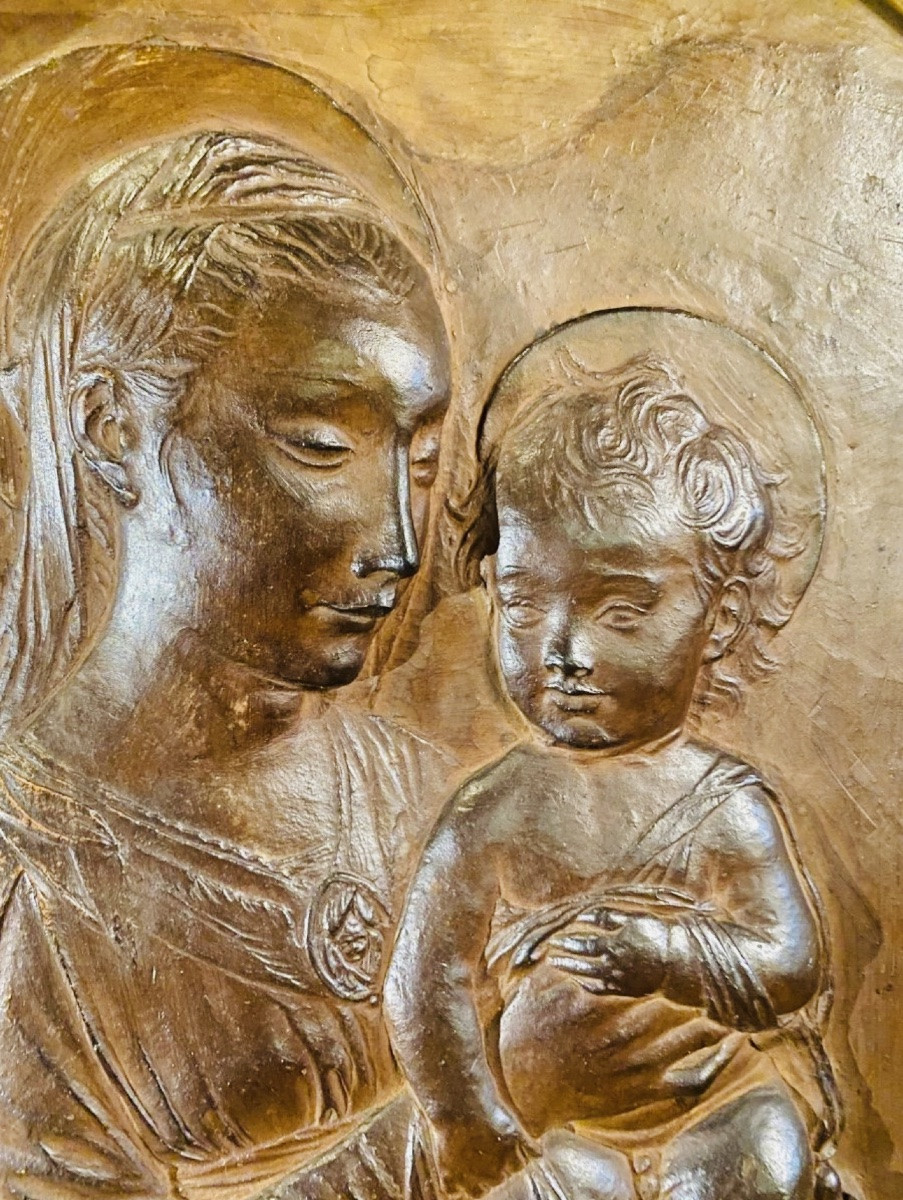 Important Bas Relief En Terre Cuite, Vierge à L’enfant D’après Rossellino-photo-4