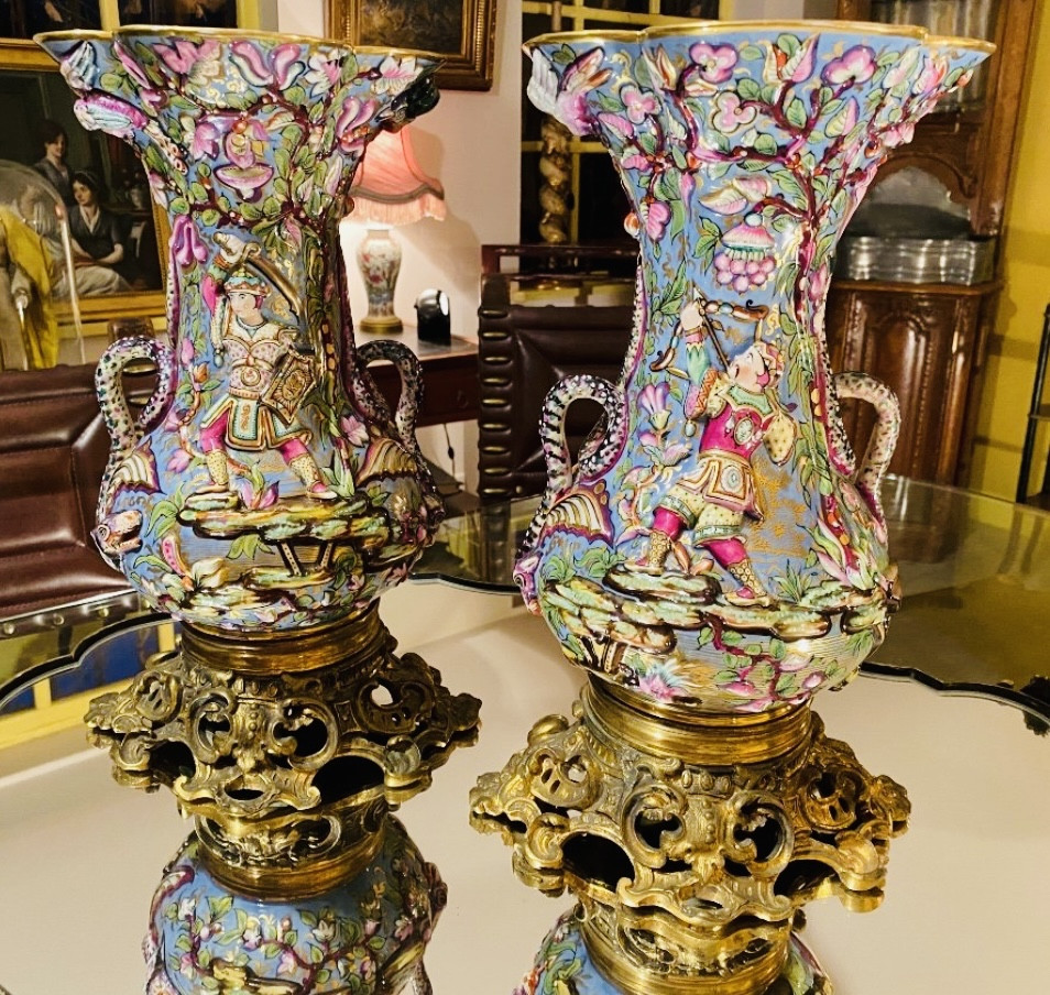 Samson, Pair Of Vases With Persians, Mounted In High Relief, Late 19th Century