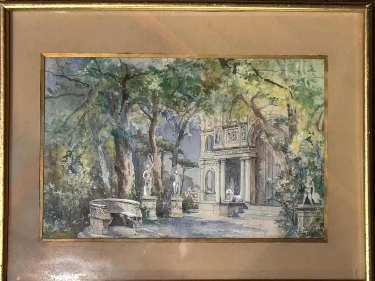 Rome, Les jardins de la villa Borghese gouaches sur papier fin du XIX eme siècle -photo-3