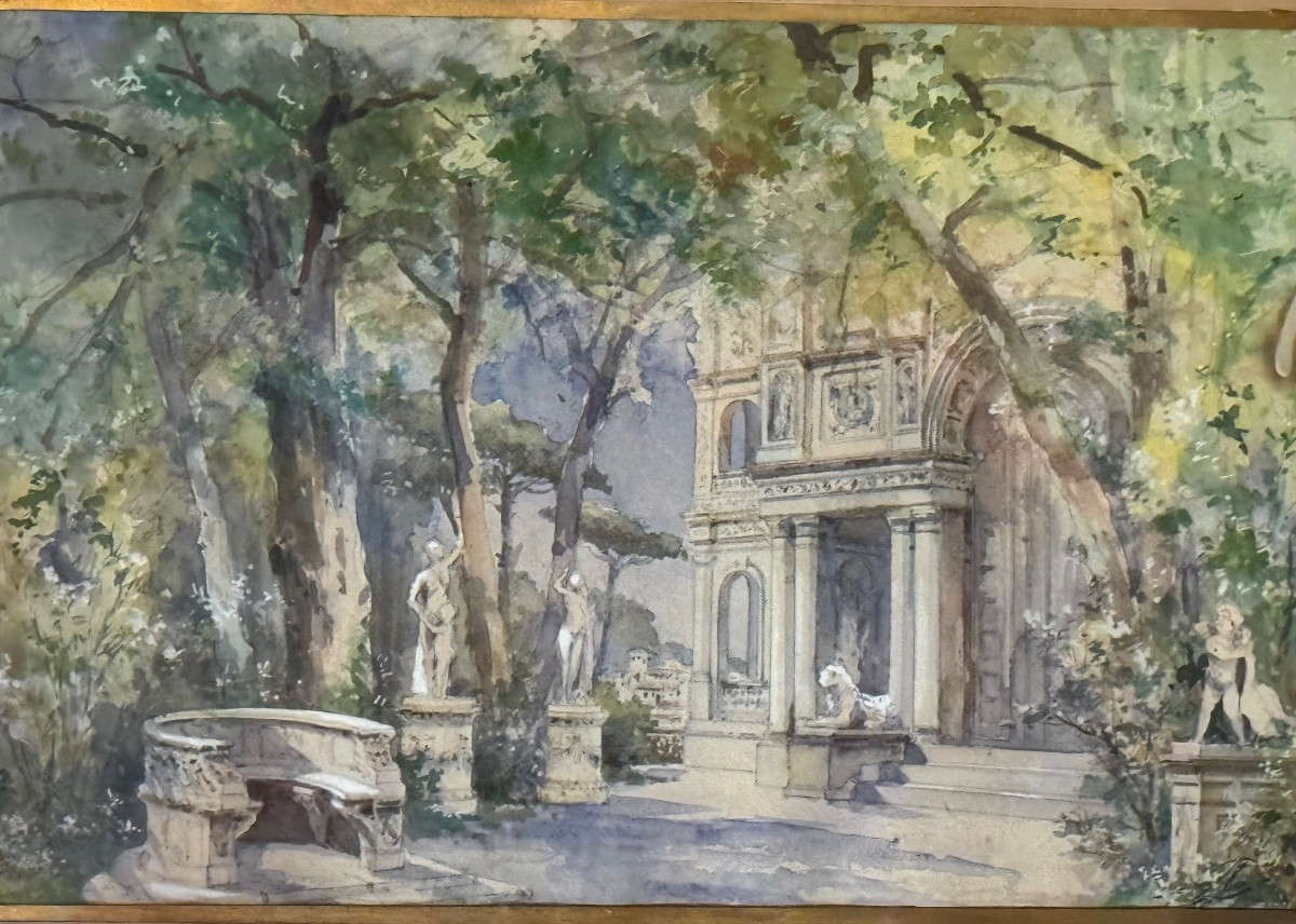 Rome, Les jardins de la villa Borghese gouaches sur papier fin du XIX eme siècle -photo-4