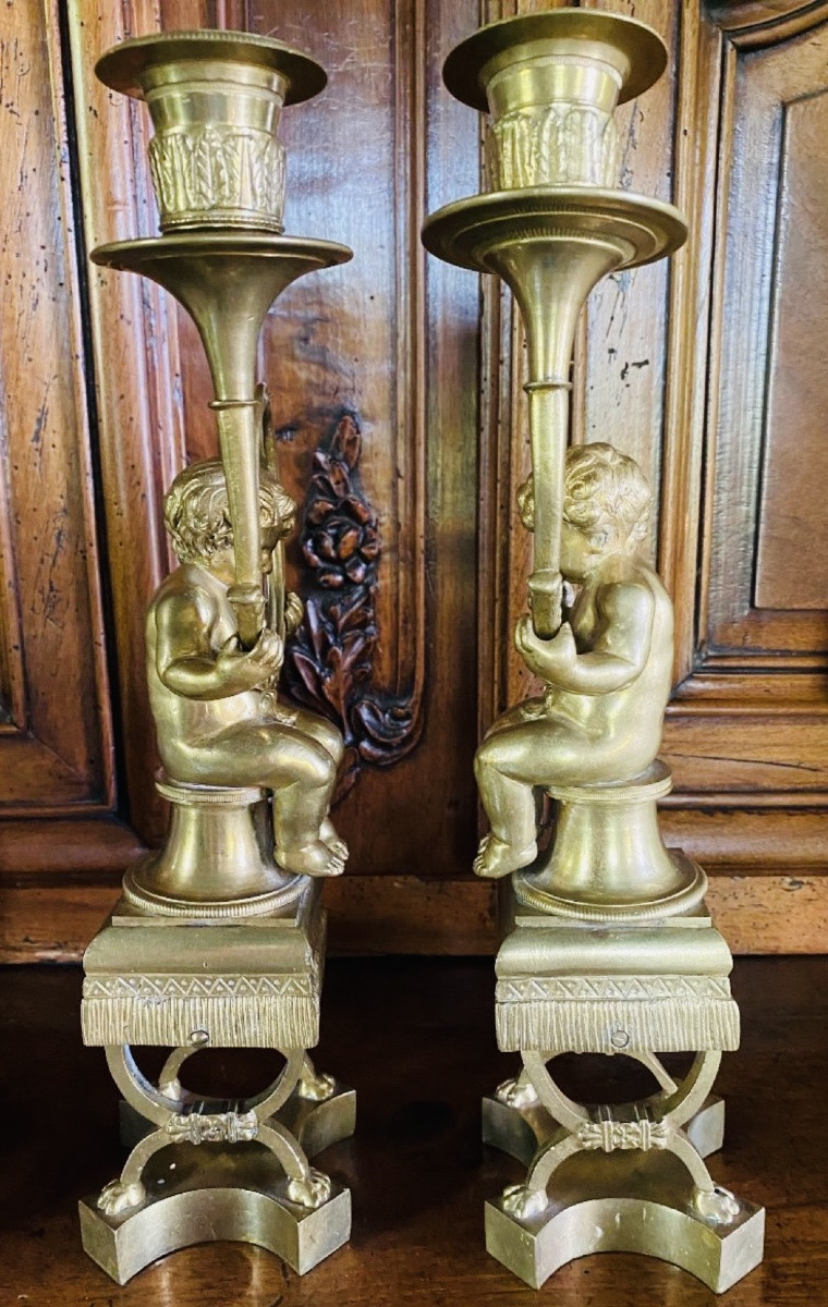 Putti Aux Cors De Chasse, Bougeoirs En Bronze Fin Du XIX Eme Siècle-photo-5