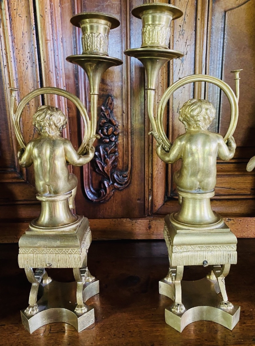 Putti Aux Cors De Chasse, Bougeoirs En Bronze Fin Du XIX Eme Siècle-photo-6