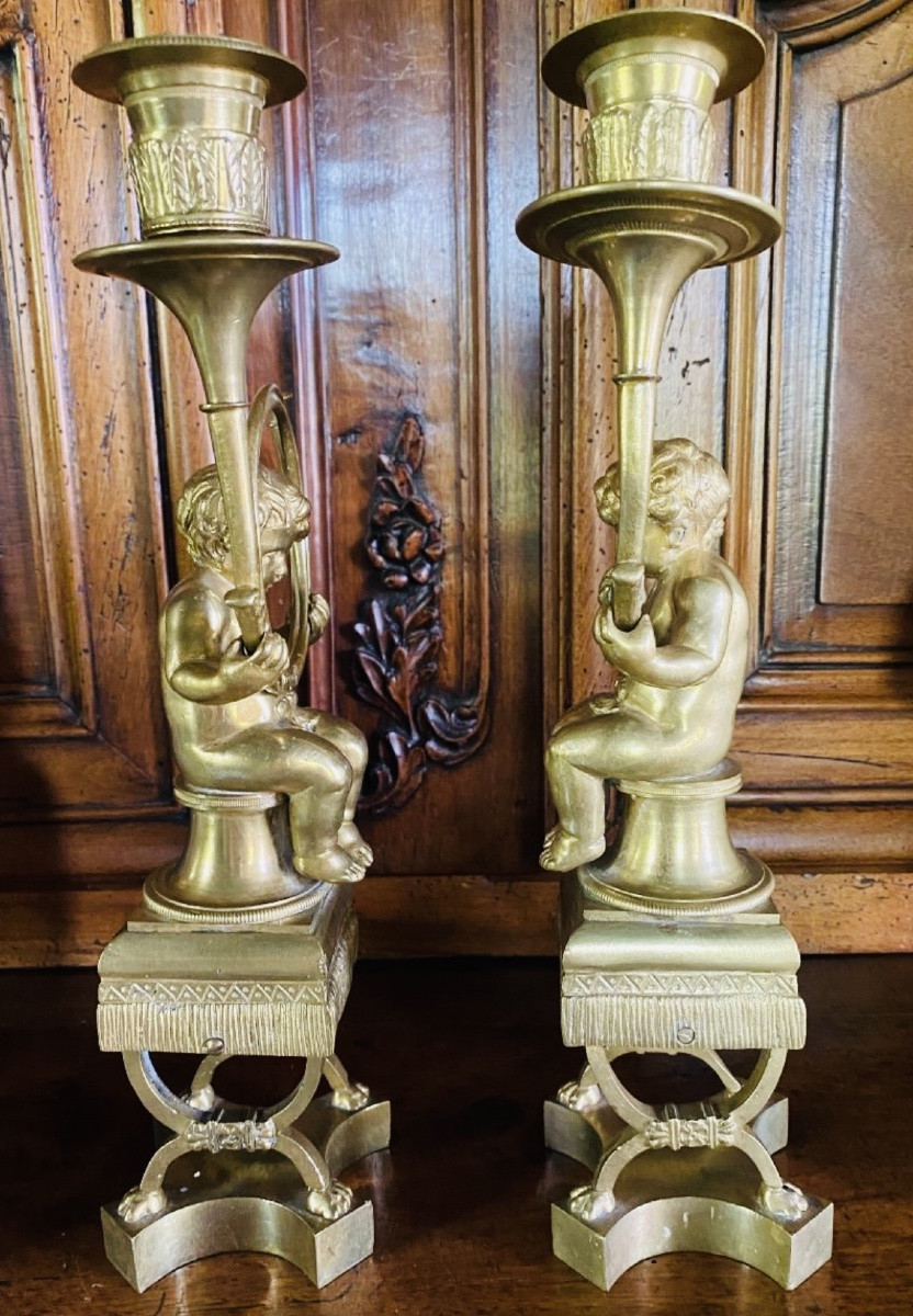 Putti Aux Cors De Chasse, Bougeoirs En Bronze Fin Du XIX Eme Siècle-photo-7