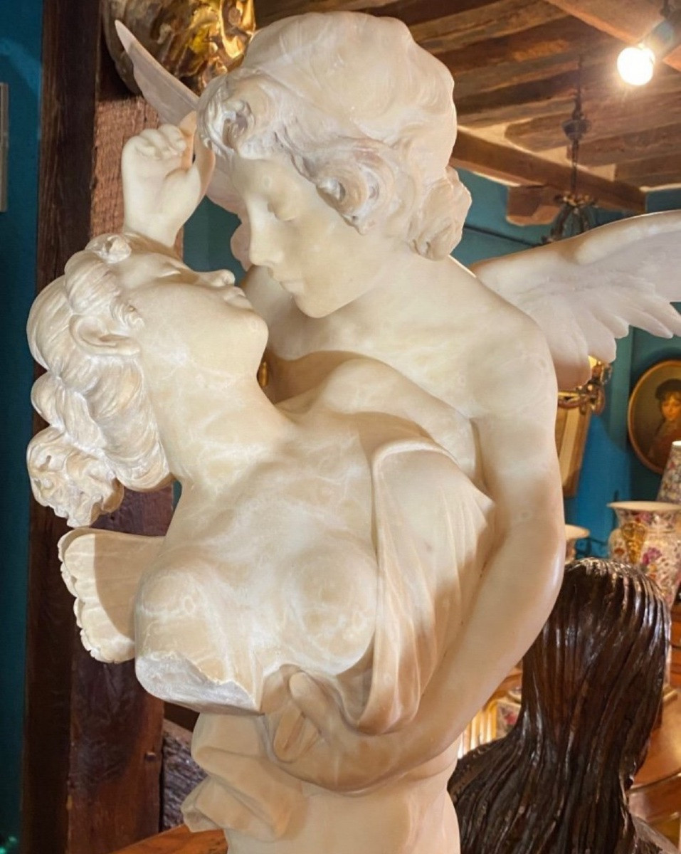 Love, Cupid And Psyche, Alabaster Group Signed Giovannini-photo-2