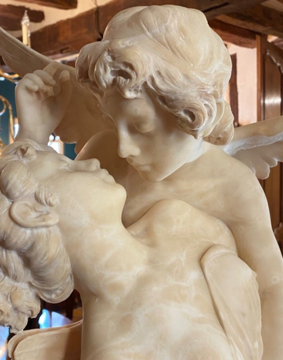 Love, Cupid And Psyche, Alabaster Group Signed Giovannini-photo-4