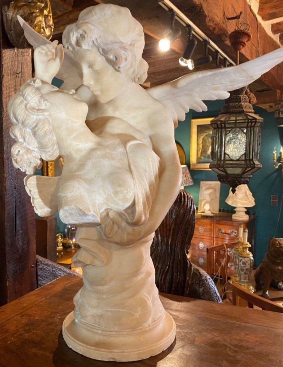 Love, Cupid And Psyche, Alabaster Group Signed Giovannini-photo-3