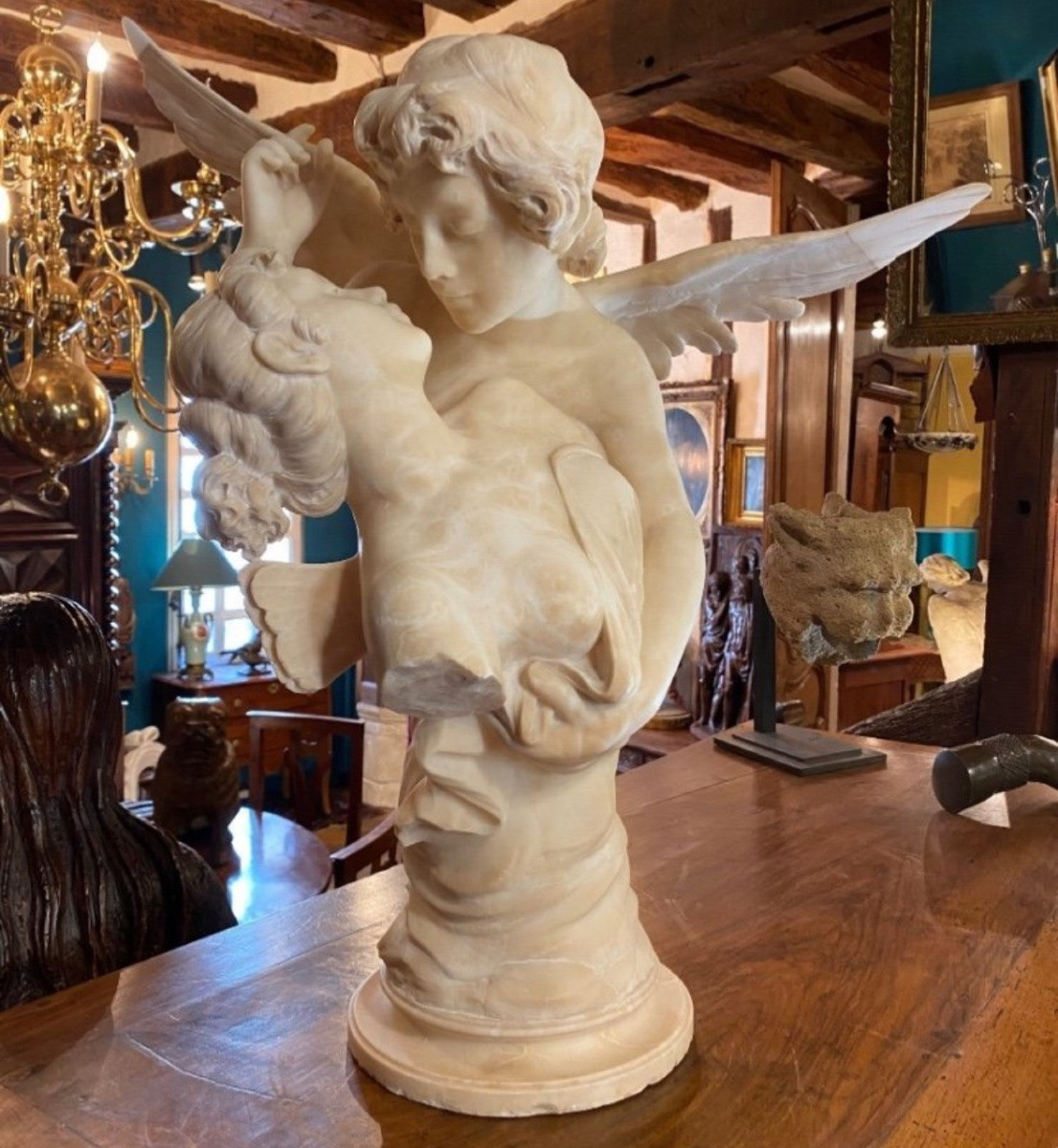 Love, Cupid And Psyche, Alabaster Group Signed Giovannini-photo-4