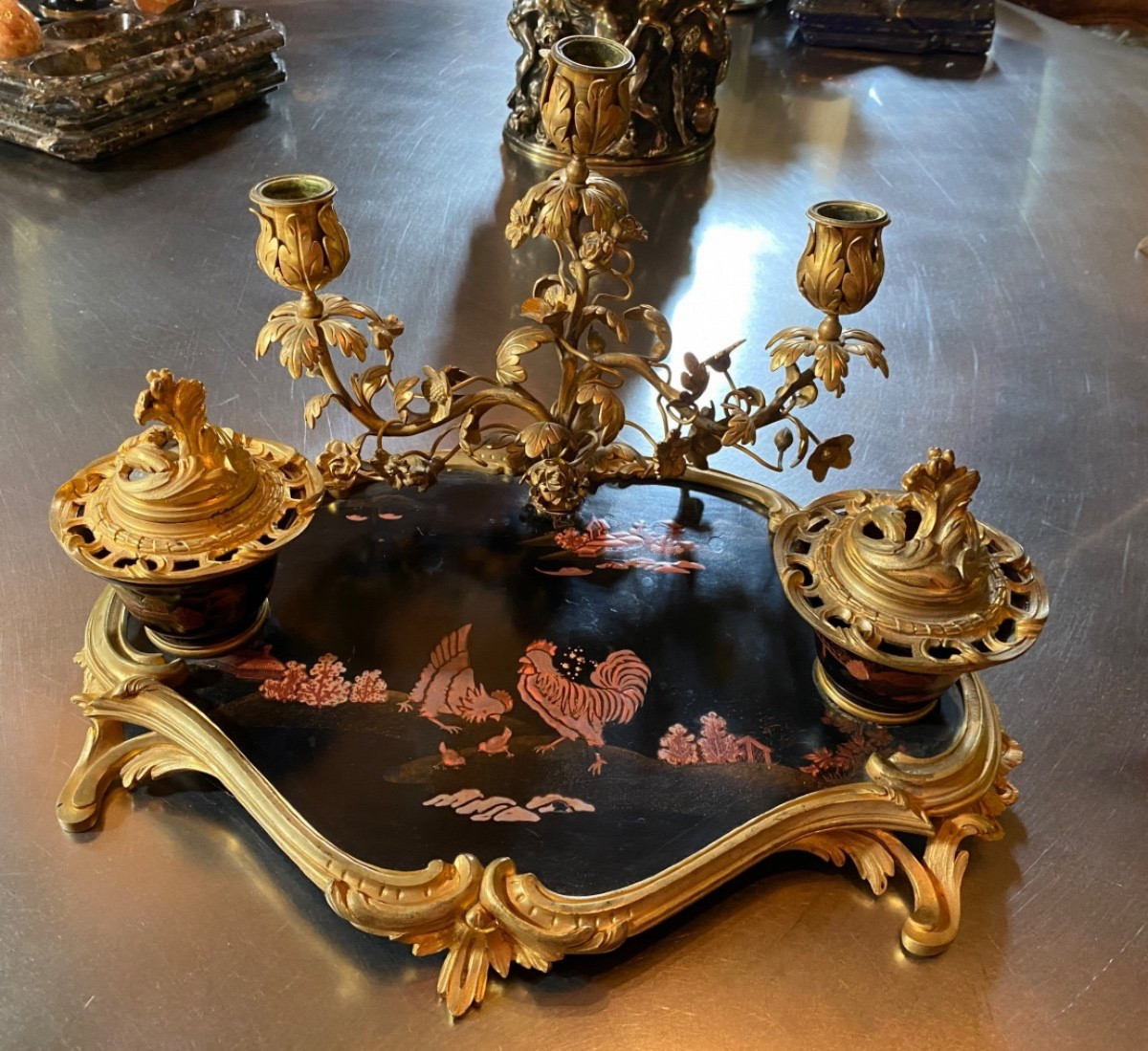 Napoleon III Louis XV Style Inkwell In Japanese Lacquer.