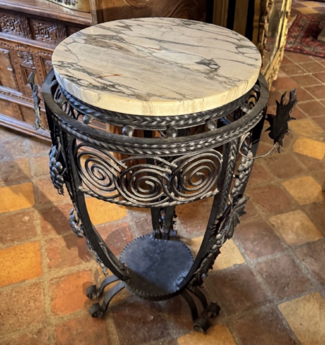 Art Deco Wrought Iron Pedestal Table With Bunches Of Grapes And Vine Leaves -photo-2