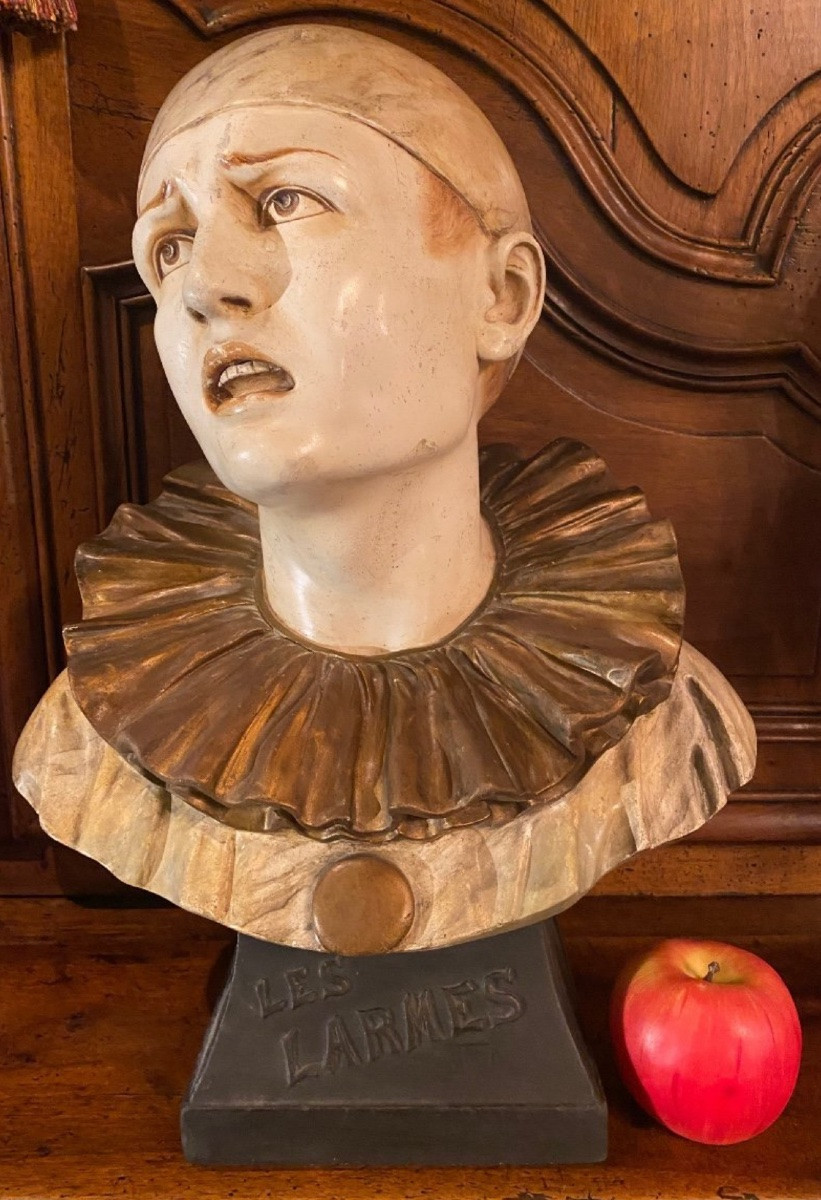 Les Larmes, Grand Buste En Plâtre Polychrome De Pierrot-photo-3