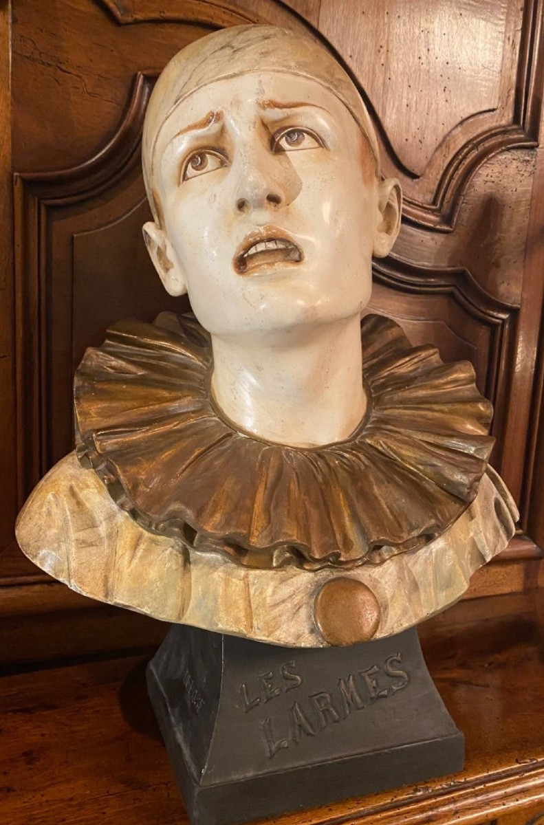 Les Larmes, Grand Buste En Plâtre Polychrome De Pierrot