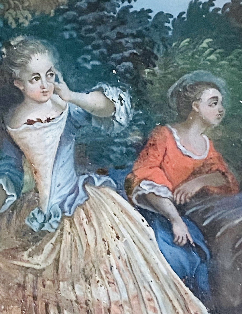 Gallant Scene, Pair Of Reverse Glass Paintings, Augsburg 18th Century -photo-2
