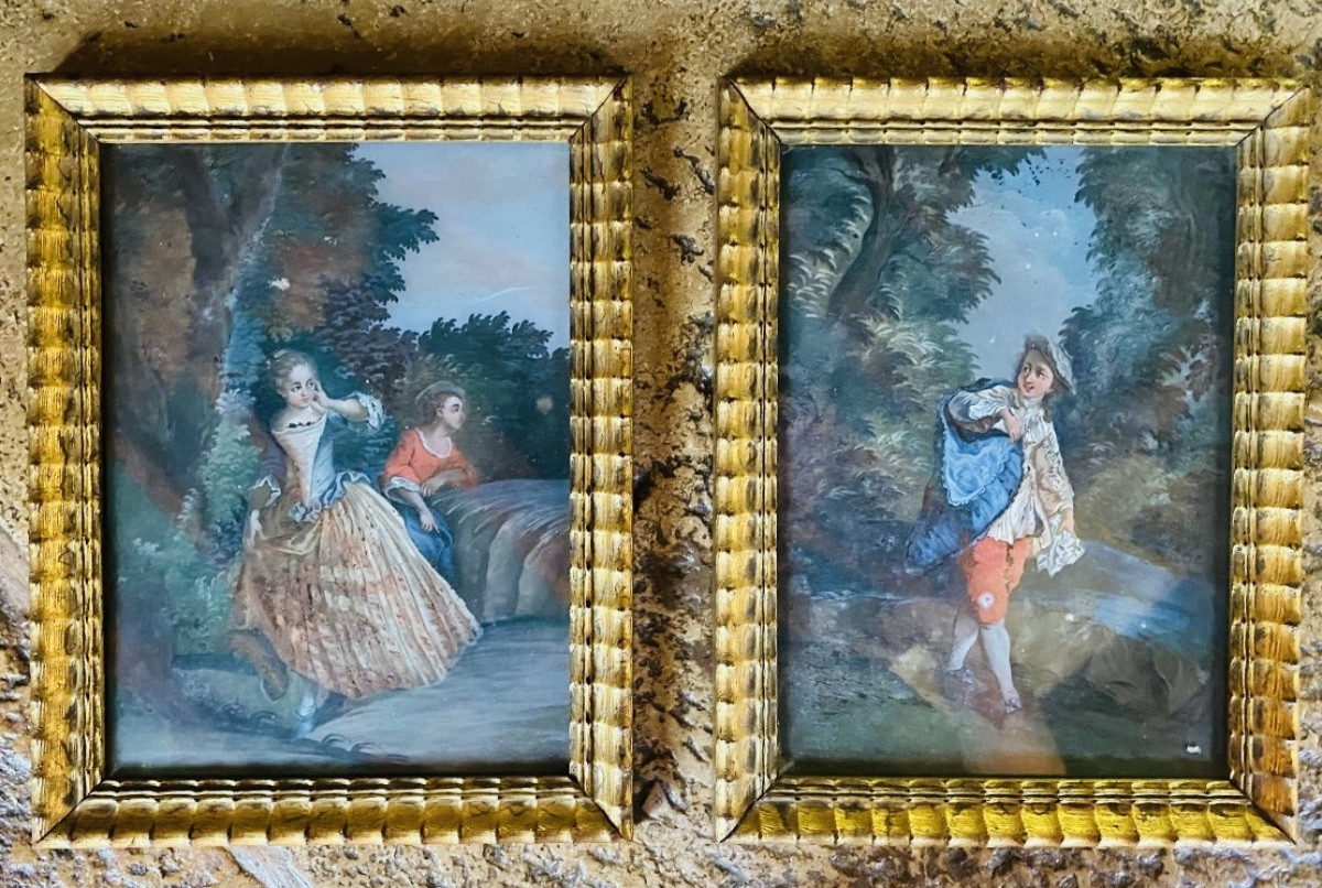 Gallant Scene, Pair Of Reverse Glass Paintings, Augsburg 18th Century -photo-4